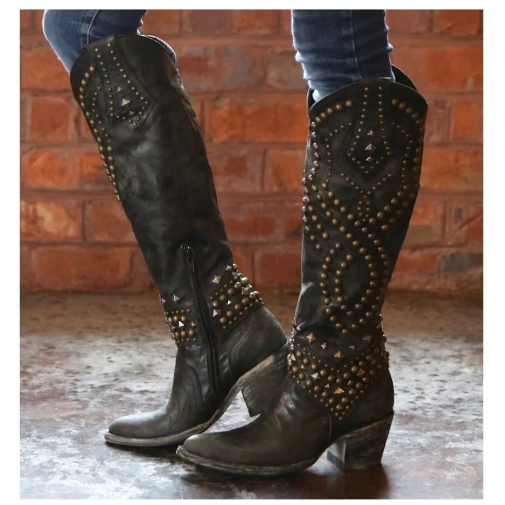 Old Gringo Black Studded Distressed Over-the-Knee Boots